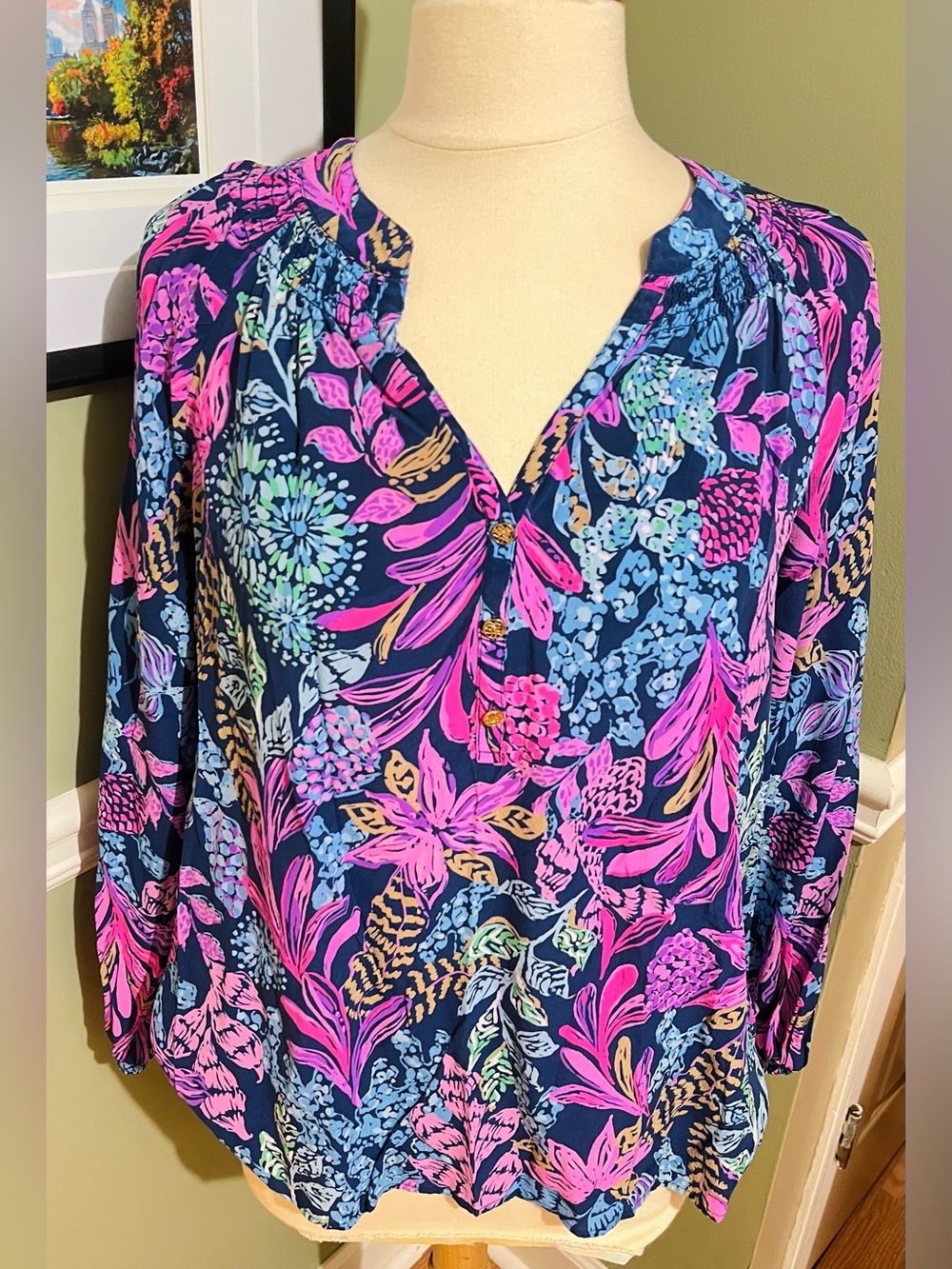 Lilly Pulitzer Navy Floral Pink Multicolor Split V-Neck Blouse